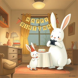 In a cozy room, a small white bunny wearing a birthday hat is joyfully celebrating as it stands near a festive table adorned with a colorful birthday cake