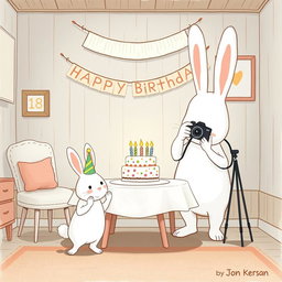 In a cozy room, a small white bunny wearing a birthday hat is joyfully celebrating as it stands near a festive table adorned with a colorful birthday cake