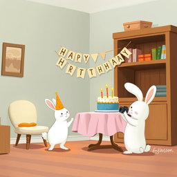 In a cozy room, a small white bunny wearing a birthday hat is joyfully celebrating as it stands near a festive table adorned with a colorful birthday cake