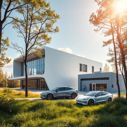 Design a modern building with a small manufacturing facility to the right, embodying a futuristic style against the backdrop of Siberian nature in summer