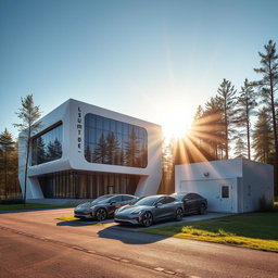 Design a modern building with a small manufacturing facility to the right, embodying a futuristic style against the backdrop of Siberian nature in summer
