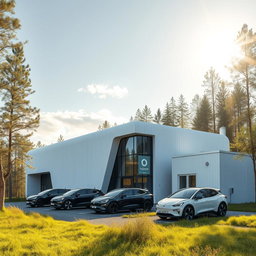 Design a modern building with a small manufacturing facility to the right, embodying a futuristic style against the backdrop of Siberian nature in summer