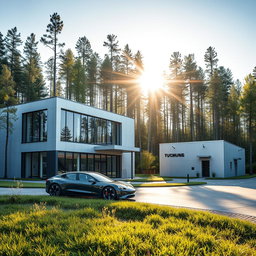 Design a modern building with a small manufacturing facility to the right, embodying a futuristic style against the backdrop of Siberian nature in summer