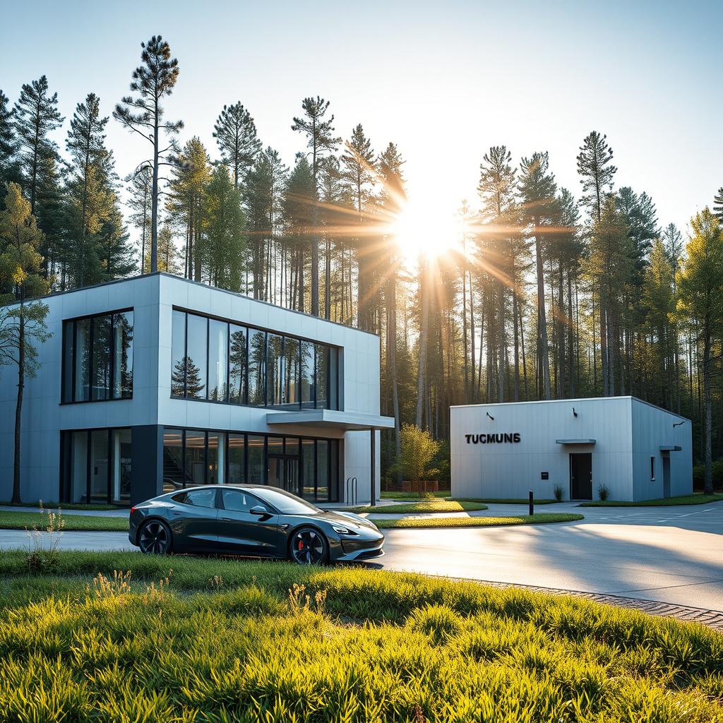Design a modern building with a small manufacturing facility to the right, embodying a futuristic style against the backdrop of Siberian nature in summer
