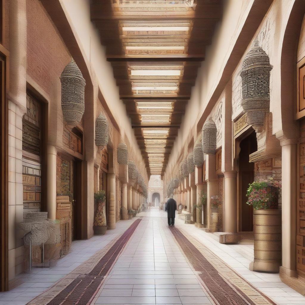 Architectural design of a traditional souq with a central axis. The souq features regional architecture, bustling vendors, and an intricate pathway lined with vibrant stalls.