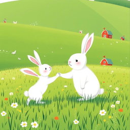 On a bright farm meadow, a small white bunny holds the hand of a larger white bunny, looking up with a joyful smile