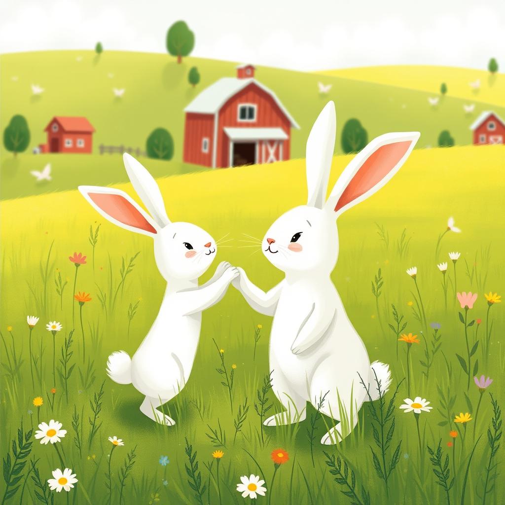 On a bright farm meadow, a small white bunny holds the hand of a larger white bunny, looking up with a joyful smile