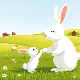 On a bright farm meadow, a small white bunny holds the hand of a larger white bunny, looking up with a joyful smile