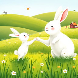 On a bright farm meadow, a small white bunny holds the hand of a larger white bunny, looking up with a joyful smile