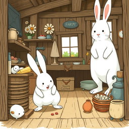Inside a rustic farm cottage, a small white bunny is animatedly rummaging through various items, showing excitement and curiosity