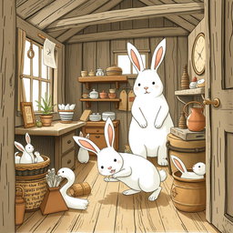 Inside a rustic farm cottage, a small white bunny is animatedly rummaging through various items, showing excitement and curiosity