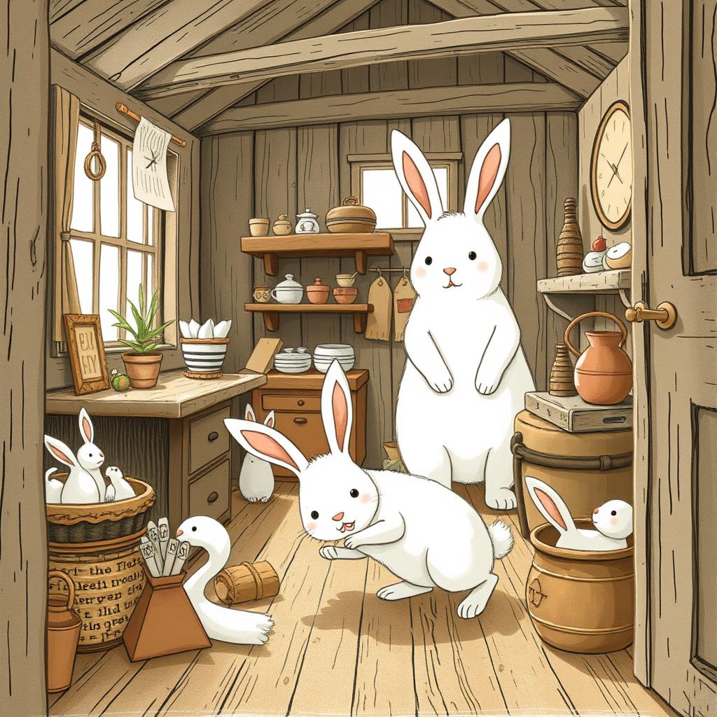 Inside a rustic farm cottage, a small white bunny is animatedly rummaging through various items, showing excitement and curiosity