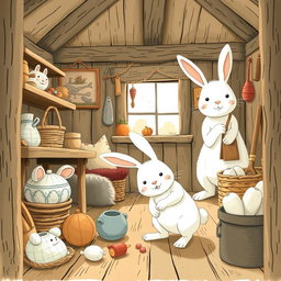 Inside a rustic farm cottage, a small white bunny is animatedly rummaging through various items, showing excitement and curiosity