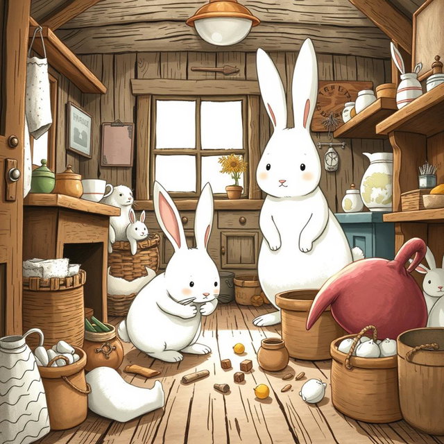 Inside a rustic farm cottage, a small white bunny is animatedly rummaging through various items, showing excitement and curiosity