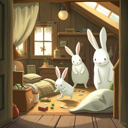 Inside a quaint wooden cottage, a small white bunny is energetically rummaging through various items in a cozy bedroom, filled with charming decor and soft lighting