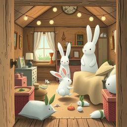Inside a quaint wooden cottage, a small white bunny is energetically rummaging through various items in a cozy bedroom, filled with charming decor and soft lighting