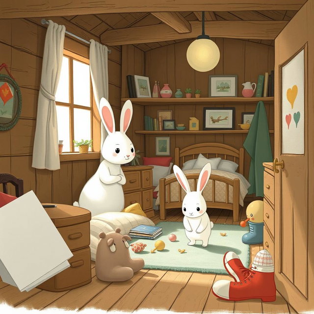 Inside a quaint wooden cottage, a small white bunny is energetically rummaging through various items in a cozy bedroom, filled with charming decor and soft lighting