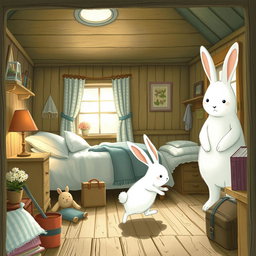 Inside a quaint wooden cottage, a small white bunny is energetically rummaging through various items in a cozy bedroom, filled with charming decor and soft lighting