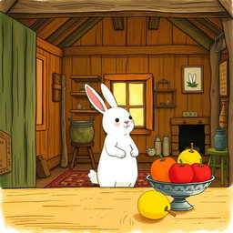 Inside a cozy wooden cottage, a small white bunny stands on its hind legs, curiously gazing at a fruit bowl on the table filled with bright red apples and yellow pears