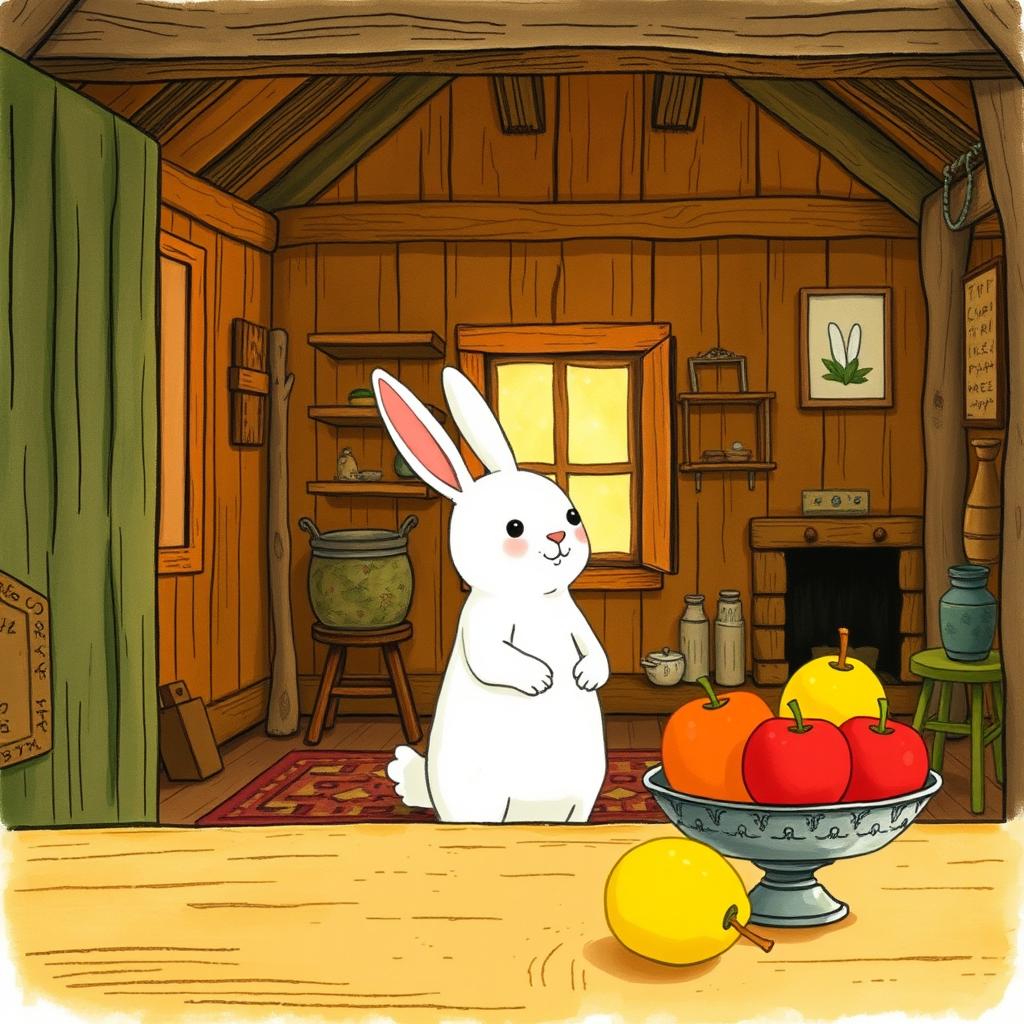 Inside a cozy wooden cottage, a small white bunny stands on its hind legs, curiously gazing at a fruit bowl on the table filled with bright red apples and yellow pears