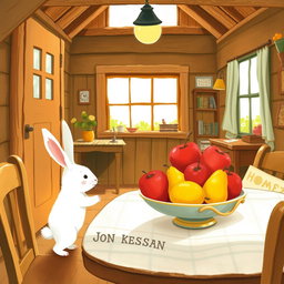 Inside a cozy wooden cottage, a small white bunny stands on its hind legs, curiously gazing at a fruit bowl on the table filled with bright red apples and yellow pears