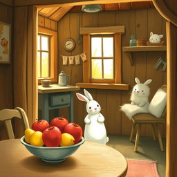 Inside a cozy wooden cottage, a small white bunny stands on its hind legs, curiously gazing at a fruit bowl on the table filled with bright red apples and yellow pears