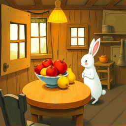 Inside a cozy wooden cottage, a small white bunny stands on its hind legs, curiously gazing at a fruit bowl on the table filled with bright red apples and yellow pears