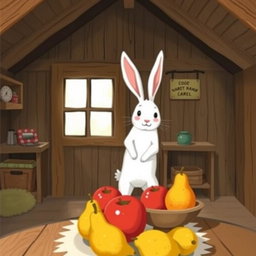 Inside a charming wooden cabin, a small white bunny stands on its hind legs, gazing intently at a fruit bowl on a rustic table filled with vibrant red apples and juicy yellow pears