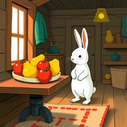 Inside a charming wooden cabin, a small white bunny stands on its hind legs, gazing intently at a fruit bowl on a rustic table filled with vibrant red apples and juicy yellow pears