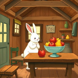 Inside a charming wooden cabin, a small white bunny stands on its hind legs, gazing intently at a fruit bowl on a rustic table filled with vibrant red apples and juicy yellow pears