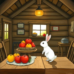 Inside a charming wooden cabin, a small white bunny stands on its hind legs, gazing intently at a fruit bowl on a rustic table filled with vibrant red apples and juicy yellow pears