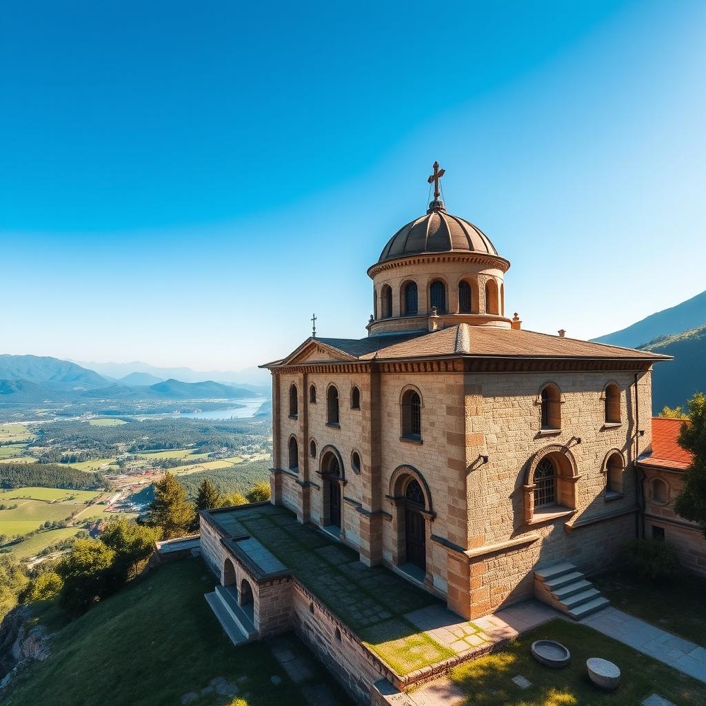 A stunning view of the Gandzasar Church, an ancient Armenian monastery from the 14th century, showcasing its intricate stone carvings, beautiful arched windows, and the majestic dome