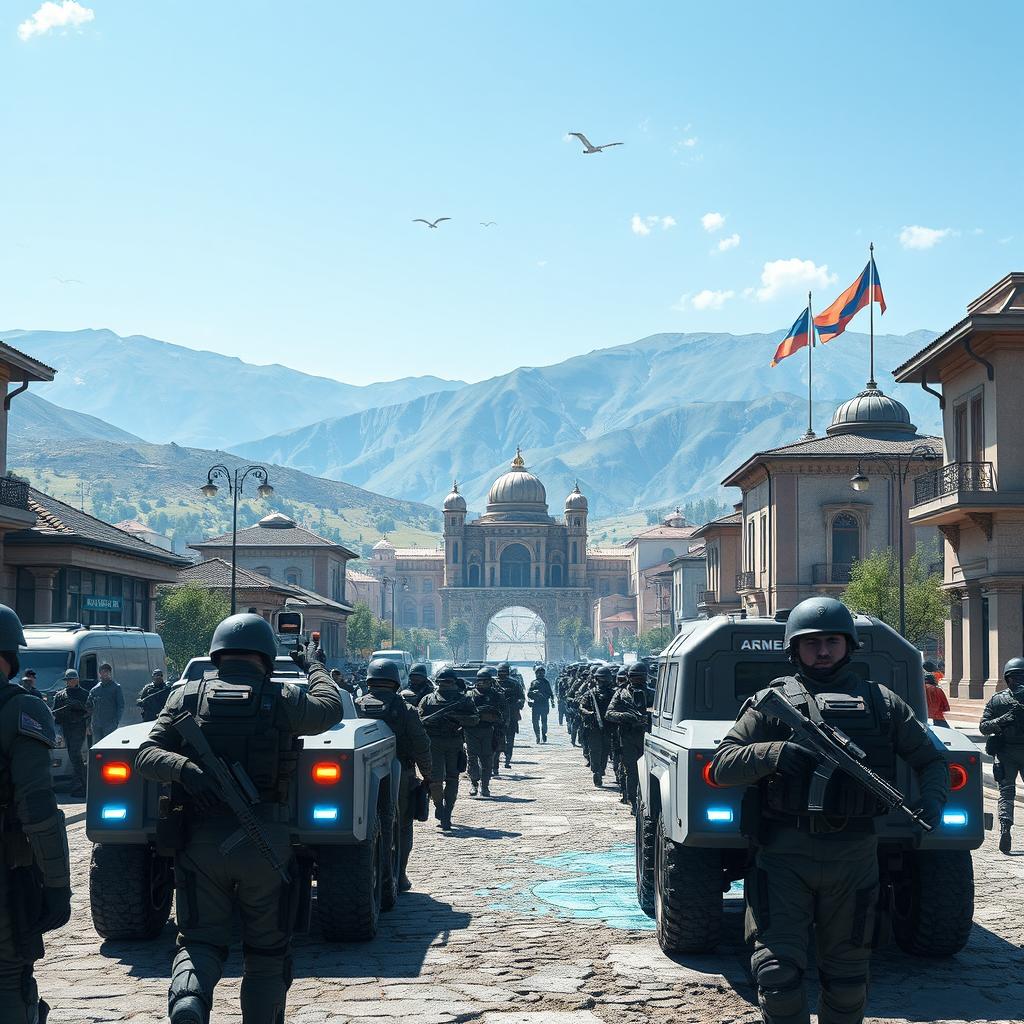 A futuristic scene set in 2040 depicting Armenian military forces entering the city of Shushi