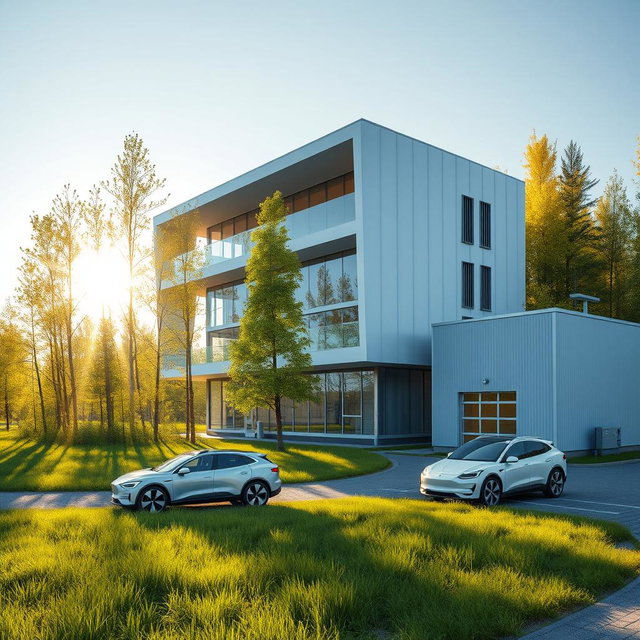 Design a three-story modern building with a small manufacturing facility to the right, embodying a futuristic style against the backdrop of Siberian nature in summer