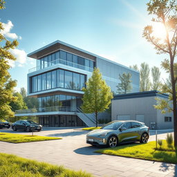 Design a three-story modern building with a small manufacturing facility to the right, embodying a futuristic style against the backdrop of Siberian nature in summer