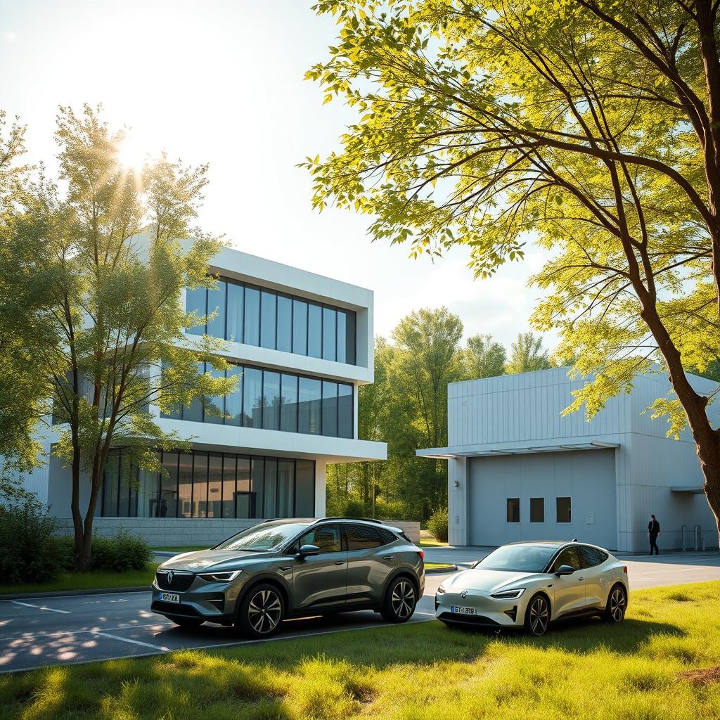 Design a three-story modern building with a small manufacturing facility to the right, embodying a futuristic style against the backdrop of Siberian nature in summer