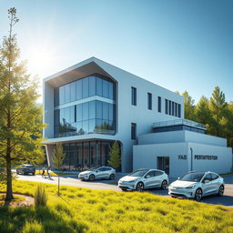 Design a three-story modern building with a small manufacturing facility to the right, embodying a futuristic style against the backdrop of Siberian nature in summer