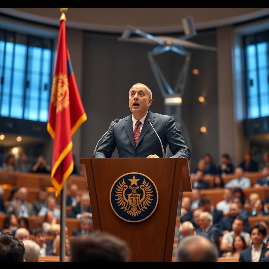 The 2040 Prime Minister of Armenia, a charismatic and progressive leader, standing confidently at a podium adorned with the Armenian flag