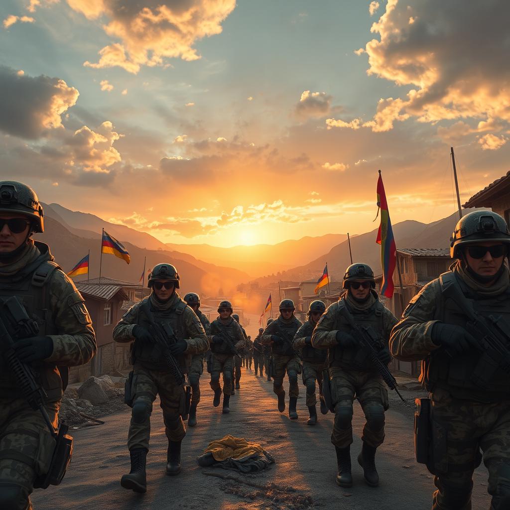 In the year 2040, a powerful and determined Armenian military force entering the town of Martakert, situated in a dramatic mountainous landscape