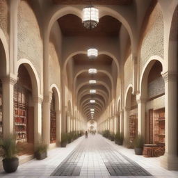 Architectural design of a traditional souq with a central axis. The souq features regional architecture, bustling vendors, and an intricate pathway lined with vibrant stalls.