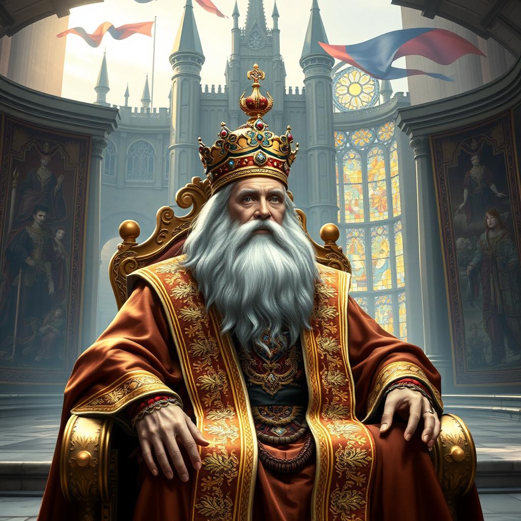 A majestic depiction of King Pap, wearing a rich, ornate robe adorned with golden embroidery, sitting on a magnificent throne