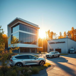 Design a three-story modern building with a small manufacturing facility to the right, showcasing a futuristic style against the vibrant backdrop of Siberian nature in summer
