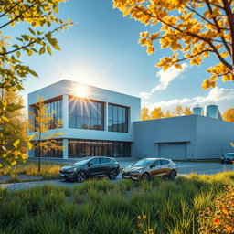 Design a three-story modern building with a small manufacturing facility to the right, showcasing a futuristic style against the vibrant backdrop of Siberian nature in summer