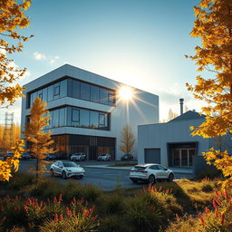 Design a three-story modern building with a small manufacturing facility to the right, showcasing a futuristic style against the vibrant backdrop of Siberian nature in summer