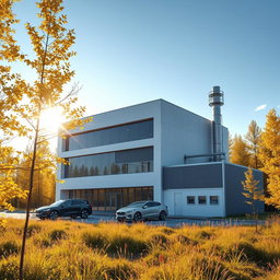 Design a three-story modern building with a small manufacturing facility to the right, showcasing a futuristic style against the vibrant backdrop of Siberian nature in summer