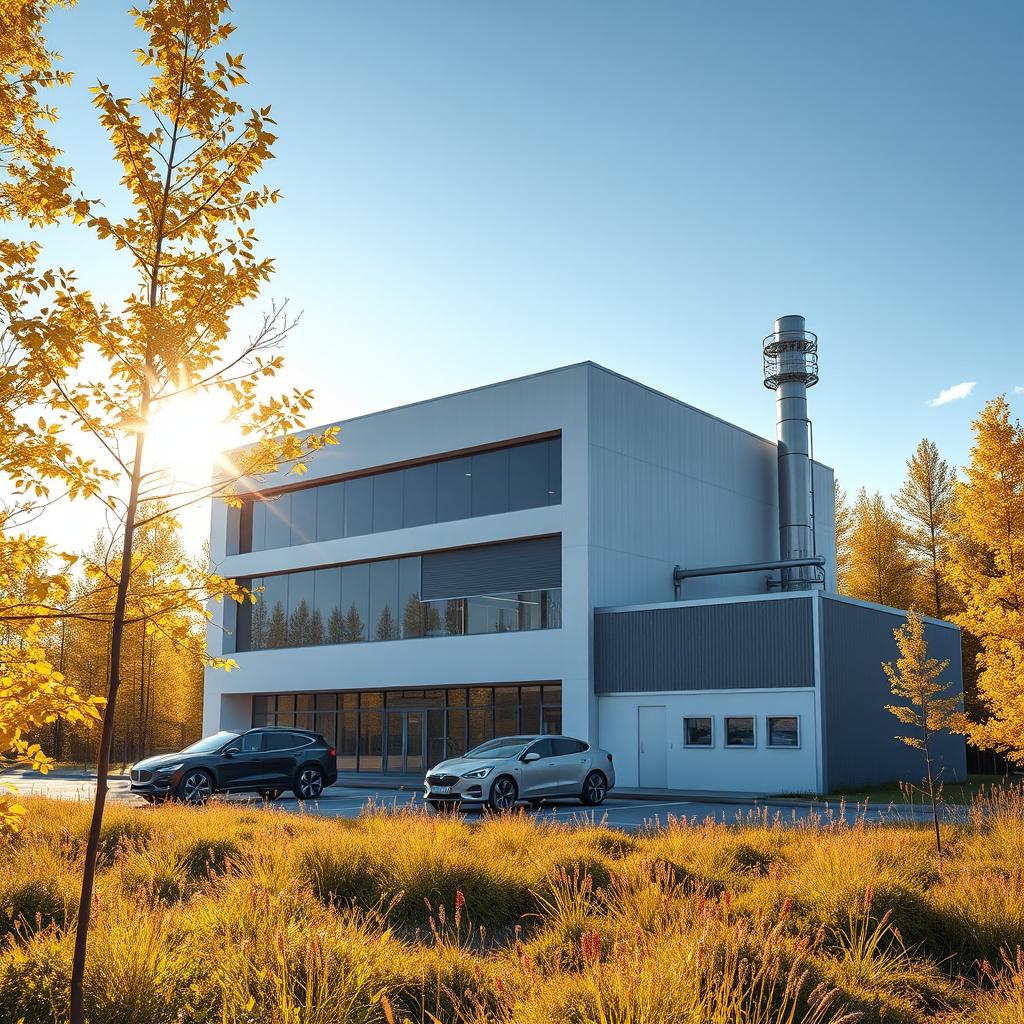 Design a three-story modern building with a small manufacturing facility to the right, showcasing a futuristic style against the vibrant backdrop of Siberian nature in summer
