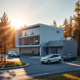 Design a three-story modern building with a small manufacturing facility to the right, presented in a futuristic style against the backdrop of summer Siberian nature