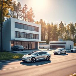 Design a three-story modern building with a small manufacturing facility to the right, presented in a futuristic style against the backdrop of summer Siberian nature