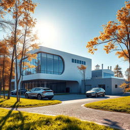 Design a three-story modern building with a small manufacturing facility to the right, presented in a futuristic style against the backdrop of summer Siberian nature