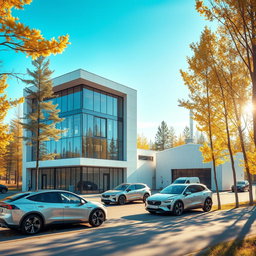 Design a three-story modern building with a small manufacturing facility to the right, presented in a futuristic style against the backdrop of summer Siberian nature
